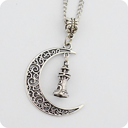 Collar con colgante de faro, de peltre, con luna, plata, luna y plata, diseño antiguo Collar con colgante de faro, de peltre, con luna, plata, luna y plata, diseño antiguo