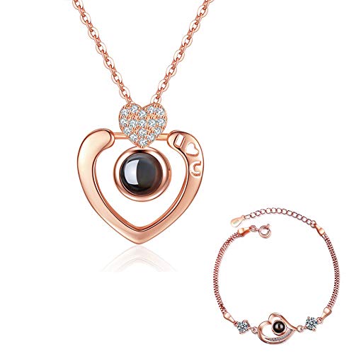 Collar dama Collar I Love You Collar Dale a tu vida Compañero 100 idiomas"I Love You" En Ágata Colgante Love Memory Clavícula Collar corto (Rose gold heart shape 2)