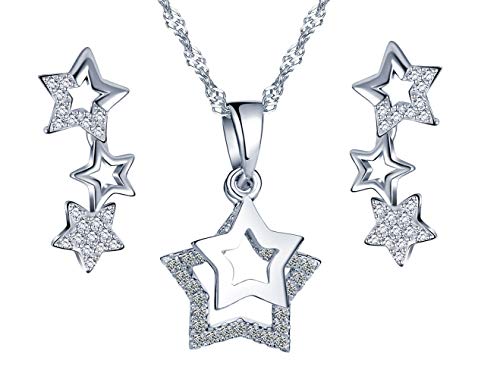 Collar de plata esterlina 925, colgante para niña mujer, anillo de oreja de estrella de diamante, decorado con circonita cúbica, juegos de joyas, plata, regalo de cumpleaños de Navidad