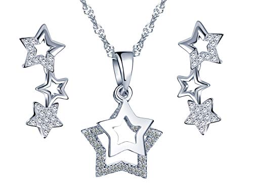 Collar de plata esterlina 925, colgante para niña mujer, anillo de oreja de estrella de diamante, decorado con circonita cúbica, juegos de joyas, plata, regalo de cumpleaños de Navidad Collar de plata esterlina 925, colgante para niña mujer, anillo de oreja de estrella de diamante, decorado con circonita cúbica, juegos de joyas, plata, regalo de cumpleaños de Navidad