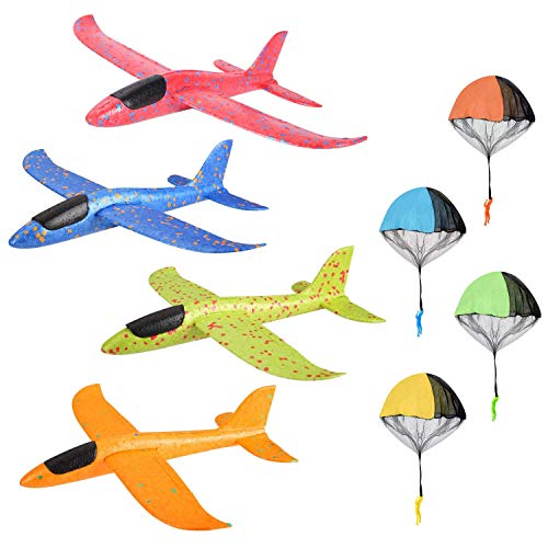 Colmanda 4 Pcs Planos de Espuma + 4 Pcs Juguete de Paracaídas, Planeador de Espuma para niños Juguete Paracaídas Set Mano Lanzamiento Glider Aviones Juguete Volador para niños