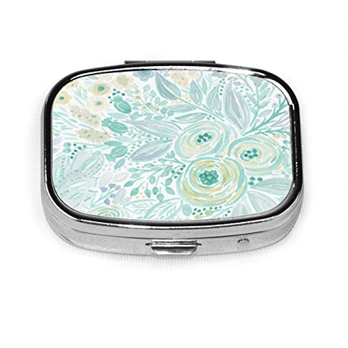Colorful Abstract Watercolor Floral in Pastel Mint Colors Yellow Pill Box Decorative Boxes Pill Case Tablet Holder Wallet Organizer Case for Pocket Or Purse
