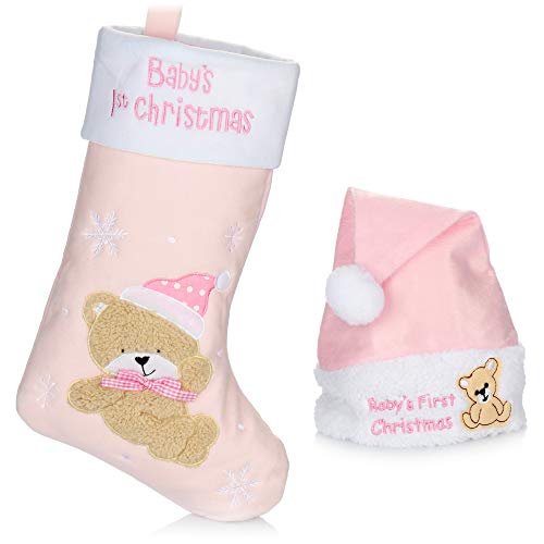 com-four® Set de 2 Calcetines navideños y Gorro de Papá Noel en Rosa - Baby's 1st Christmas inscripción - Motivo de Osito de Peluche (2 Partes - Rosa)