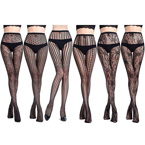 Comius 6 Pieza Mujer Pantimedias Semi Medias, Calcetines de Rejilla para Mujer Fishnet Tights, Negras Dibujos Florales Rayas Corazones Costura Pantimedias (A)