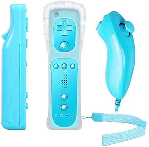 Compatible with Mando wii, PowerLead 2 en 1 Motion Plus Mando y Nunchunk para Nintendo Wii, Control Remoto Gamepad con Sensor de Movimiento de Caja de Silicona (Azul)
