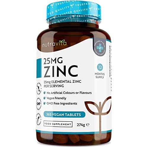 Comprimidos de zinc de 25 mg–365 comprimidos veganos (suministro para 1 año)-para el mantenimiento propicio de un sistema inmunitario, huesos, cabello, piel y uñas–fabricado por Nutravita