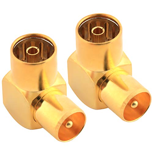 Conector de antena de TV coaxial hembra a macho TV PAL, adaptador coaxial chapado en oro en ángulo recto, adaptador de antena coaxial RF, paquete de 2 Conector de antena de TV coaxial hembra a macho TV PAL, adaptador coaxial chapado en oro en ángulo recto, adaptador de antena coaxial RF, paquete de 2