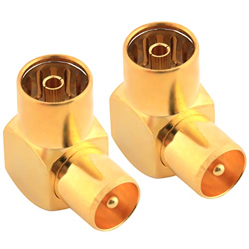 Conector de antena de TV coaxial hembra a macho TV PAL, adaptador coaxial chapado en oro en ángulo recto, adaptador de antena coaxial RF, paquete de 2