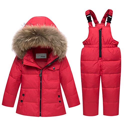 Conjunto de Esquí 2 Piezas Traje de Nieve - Chaqueta con Capucha + Pantalón de Esquí Niños Niñas Traje de Esquí Abrigos de Pluma Pantalones de Nieve de Babero Impermeable, Rojo 3-4 Años