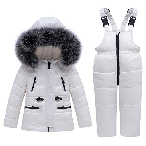 Conjunto de Esquí - Chaqueta con Capucha + Pantalón de Esquí 2 Piezas Traje de Esquí Niño Niña Impermeable Traje de Nieve Invierno Abrigos de Pluma Pantalones de Babero, Blanco 4-5 Años