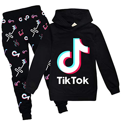Conjunto de sudadera con capucha y pantalón, con diseño de TikTok, estilo de moda, unisex, color negro, talla 9-10 años Conjunto de sudadera con capucha y pantalón, con diseño de TikTok, estilo de moda, unisex, color negro, talla 9-10 años