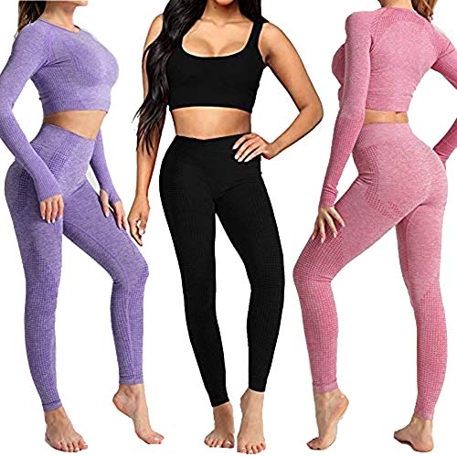 Conjunto Yoga 3 Piezas Ropa Fitness , Pantalones De Yoga Súper Elásticos Sin Costuras+Bralette Para Mujer+Camiseta Deportiva De Manga Larga Sin Costuras Mujer Negro ( S