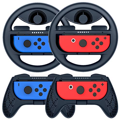 COODIO Volante y Grip Switch Joy-Con, Switch Joy-Con Racing Wheel Volante, Mandos Grip Joy-Con para Mario Kart Juegos / Joy-Con Mandos Nintendo Switch, Azul Oscuro (Pack de 4 Deluxe)