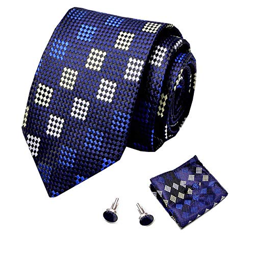 Corbata de Seda Hombre estampada incluye caja Regalo Pañuelo y gemelos,con tonos azules,corbata a cuadros