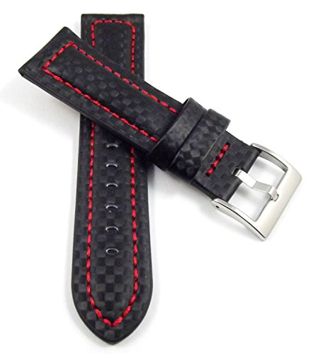Correa de reloj de 20 mm, piel de vacuno, color negro, aspecto de carbono, costuras rojas Correa de reloj de 20 mm, piel de vacuno, color negro, aspecto de carbono, costuras rojas