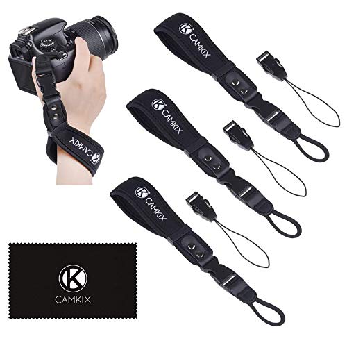 Correas de muñeca para DSLR y cámaras compactas – Paquete de 3 – Extra Fuerte y Durable – Cómoda Pulsera de Neopreno – Ajustable – Pinza de liberación rápida – Correas adicionales y paño de Limpieza