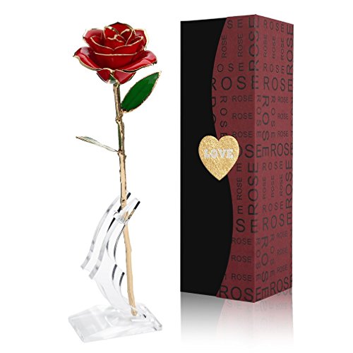 Cozime Rosa de Oro 24K con Base Soporte, Fresco Rosas Vivas con Caja de Regalo para Madre, Novia, Esposa, el Día de San Valentín, Navidad, Fiestas Doradas - Rojo (Rojo) (Rojo)