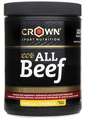 Crown Sport Nutrition 100% All Beef, Concentrado proteico de carne de vacuno con Hierro Hemo, B12, B6 entre las 20 vitaminas y minerales de forma natural, Sabor de Vainilla - 200 g