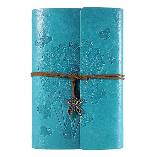 Cuaderno de cuero – Diario de viaje de cuero con espiral recargable con papel rayado clásico en relieve retro colgantes A5 23,6 x 16 cm (azul)