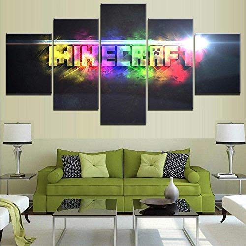 Cuadro sobre Impresión Lienzo 5 Piezas Minecraft Colorful Poster Gaming HD Arte De Pared Modulares Sala De Estar Dormitorios Decoración para El Hogar Póster-Marco：100x55cm