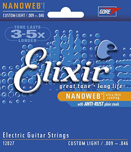 Cuerdas para guitarra eléctrica Elixir Strings con recubrimiento NANOWEB, calibre ligero personalizado (.009-.046) Cuerdas para guitarra eléctrica Elixir Strings con recubrimiento NANOWEB, calibre ligero personalizado (.009-.046)