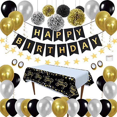 Cumpleaños Decoraciones Pack de Artículos para Fiestas - Negro Oro Globos Kit Paquetes HAPPY BIRTHDAY Pancartas Mantel Desechable para Hombre Mujer Niño 21th 30th 40th 50th 60th Birthday Decorations