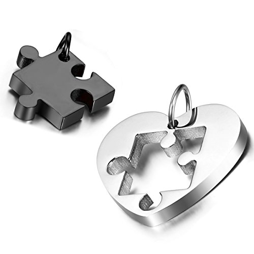 Cupimatch Collar Mujer Corazón Rompecabezas Juego de 2 Pcs Acero Inoxidable Regalo Parejas Amor Buena Suerte Plateado Collares de Mejores Amigas (Negro)