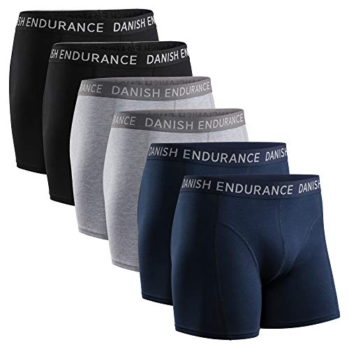 DANISH ENDURANCE Calzoncillos Bóxers de Algodón para Hombre, Ropa Interior, Elásticos, Ultrasuaves, Pack de 6 (Multicolor: 2X Negro, 2X Azul Marino, 2X Gris, XL)