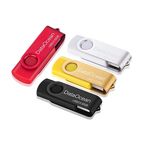 DataOcean 32GB Memorias USB 4 Piezas PenDrives Giratoria Pen Drive 32 GB Unidad Flash USB 2.0(4 Colores Mezclados: Negro Rojo Amarillo Plata)