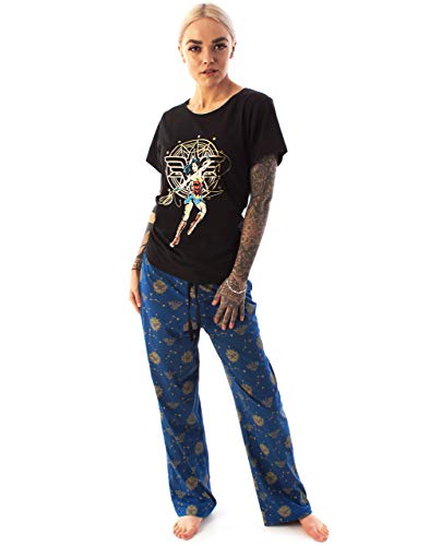 DC Comics Wonder Woman Pijama para mujer | Conjunto de ropa de dormir para mujer de pierna larga o corta | Camiseta de manga corta negra para adultos y parte inferior con cordón azul marino