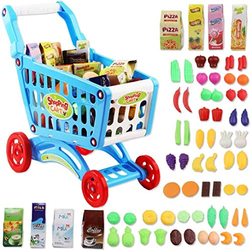 deAO Carrito de la Compra Infantil Incluye Variedad de 50 Productos de Mercado y Comestibles para Niños y Niñas (Azul) deAO Carrito de la Compra Infantil Incluye Variedad de 50 Productos de Mercado y Comestibles para Niños y Niñas (Azul)