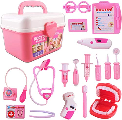 deAO Maletín de Doctor y Dentista Conjunto 2en1 Doctor y Enfermería Clínica Dental Juego para Niños y Niñas Incluye 17 Accesorios Luces y Sonidos