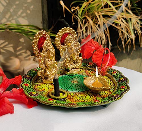 Deepawali - Figura decorativa de laxmi ganesha (aluminio, chapado en oro, con plato, para Puja Diwali, decoración india de Dhanteras Pooja y Thali)