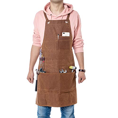 Delantal de trabajo para hombre de trabajo, resistente, lona encerada, ajustable, con 3 bolsillos grandes para ingenieros, carpintero, manualidades, cocina, jardín, cerámica, taller de artesanía Delantal de trabajo para hombre de trabajo, resistente, lona encerada, ajustable, con 3 bolsillos grandes para ingenieros, carpintero, manualidades, cocina, jardín, cerámica, taller de artesanía