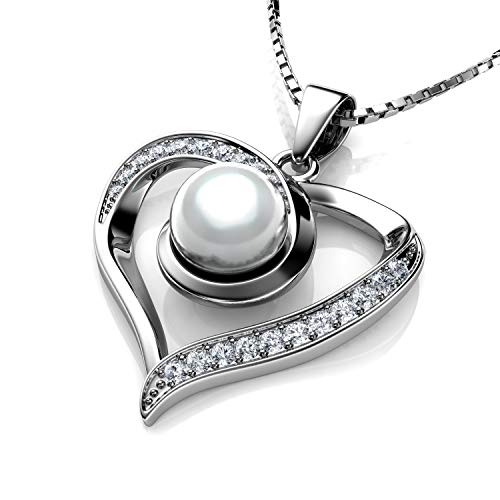 DEPHINI - Collar de perlas auténticas con colgante de perla con circonita cúbica, collar de corazón de plata de ley 925 para mujer con raro chapado en rodio