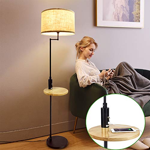 Depuley E27 Lámpara de pie blanco cálido metal madera mesa, lámpara de pie negro dormitorio con conector USB & interruptor basculante, 720 lm, 3000 K, 9 W bombilla, para salón, comedor, lectura, sofás