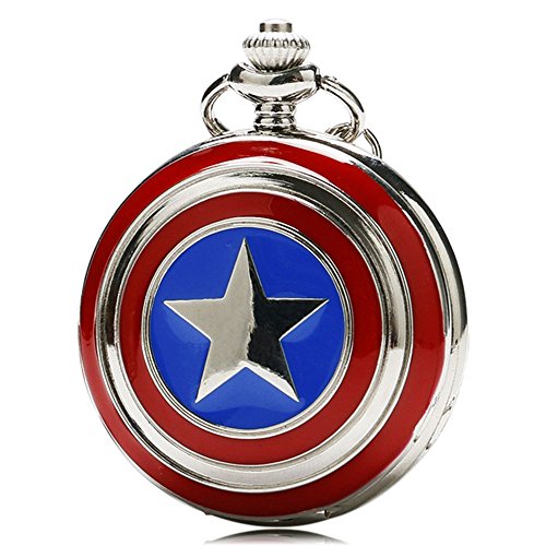 Designer Inspirations Boutique ® - Reloj de bolsillo con cadena con carcasa en acabado plateado pulido, estilo retro/vintage, diseño escudo de Capitán América (cadena 80 cm)
