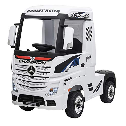 Devessport - Camión eléctrico para niños con Mando de Control Remoto - Mercedes Actros - Camión teledirigido con batería - Ideal para niños de 3 a 8 años (máximo 30 Kg) - 126x68x102 cm (Blanco)