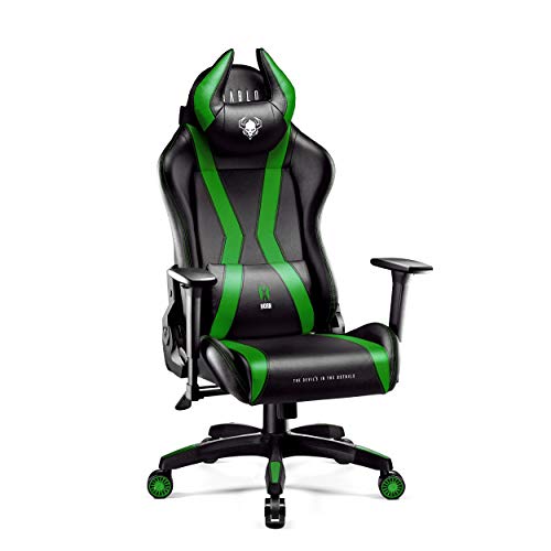 Diablo X-Horn Silla Gaming Oficina Gamer Apoyabrazos 3D Cojín Ajustable Diseño Ergonómico Cuero Sintético Función de Inclinación (Negro-Verde, Normal)