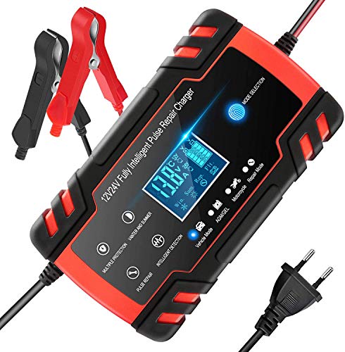 Directtyteam Cargador de batería Inteligente portátil 8A 12V / 4A 24V Pantalla LCD con múltiples Protectores Tipo de reparación para batería de automóvil Motocicleta (Red)