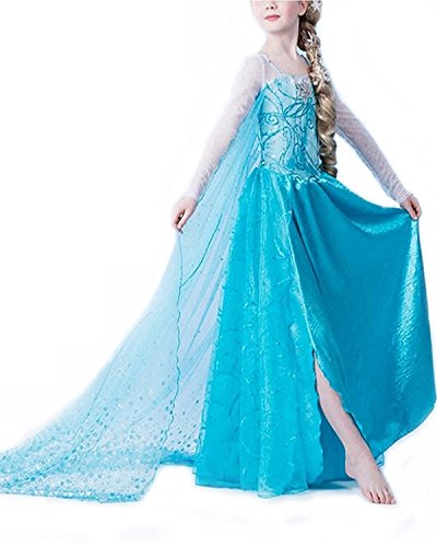 Disfraz de Reina del Hielo / Princesa de Nieve para niñas - Disfraz con Bordado de Espiral y Cola - Azul - Talla 130 (122-128)