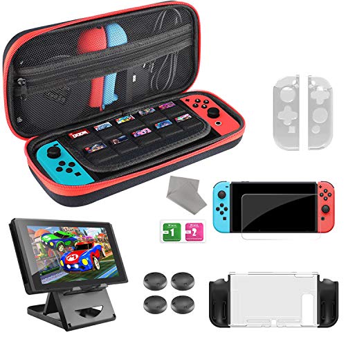 Diswoe Accesorios para Switch,Funda Protectora para Interruptor con 10 Estuche de juegos,Carcasa de Silicona y Plastico,Soporte Switch,Protector de Pantalla,Joy-Con Protectores&4 Cubierta del joystick