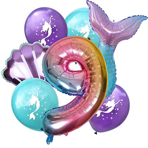 DIWULI, Gran Juego de Globos Sirena, 1x XL número 9 número de Globo + 2X Globo de Aluminio + 4X Globo de látex 9º cumpleaños del niño niña, Fiesta de Lema, decoración