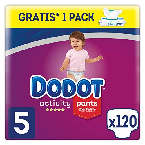 Dodot Activity Pants Pañal-Braguita, 12-17kg + Dodot Aqua Pure Toallitas para bebé, 1 Pack de 48 Toallitas Gratis, Talla 5, 120 Pañales