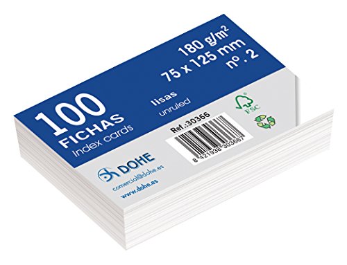 Dohe 30366 - Pack de 100 fichas lisas de cartulina blanca, 180 g, nº 2, 75 x 125 mm Dohe 30366 - Pack de 100 fichas lisas de cartulina blanca, 180 g, nº 2, 75 x 125 mm