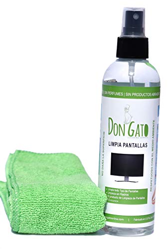 Don Gato - Limpia Pantallas + Paño Microfibras (250ml). TV, LCD/LED, Móvil, Tableta, Portátil. Hecho en España con Productos Naturales. Respeta Medio Ambiente