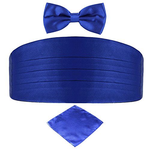 DonDon Set de tres piezas Caballero Faja de esmoquin Pajarita Pañuelo de bolsillo Color a juego Espléndido para ceremonias y ocasiones especiales - Azul