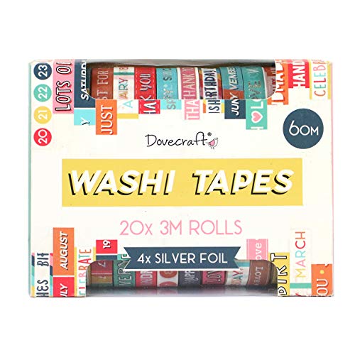 Dovecraft Washi - Caja de cinta adhesiva (20 diseños, 10 mm de ancho, 3 m, incluye caja de almacenamiento para manualidades, papelería, diario, decoración del hogar, papel, multicolor, talla única