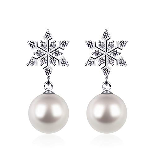 D.Perlla Mujer Pendientes Perla Plata de Ley 925 ''copos de nieve'' Navidad con Para Regalo Originales