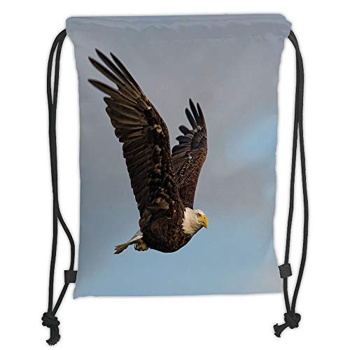 Drawstring Backpacks Bags,Eagle,Photo of a Hunter Bird Flying in Open Sky Majestic Animal Wildlife Freedom Decorative,Pale Blue Dark Yellow Soft Satin,5 Liter Capacity,Adjustable S